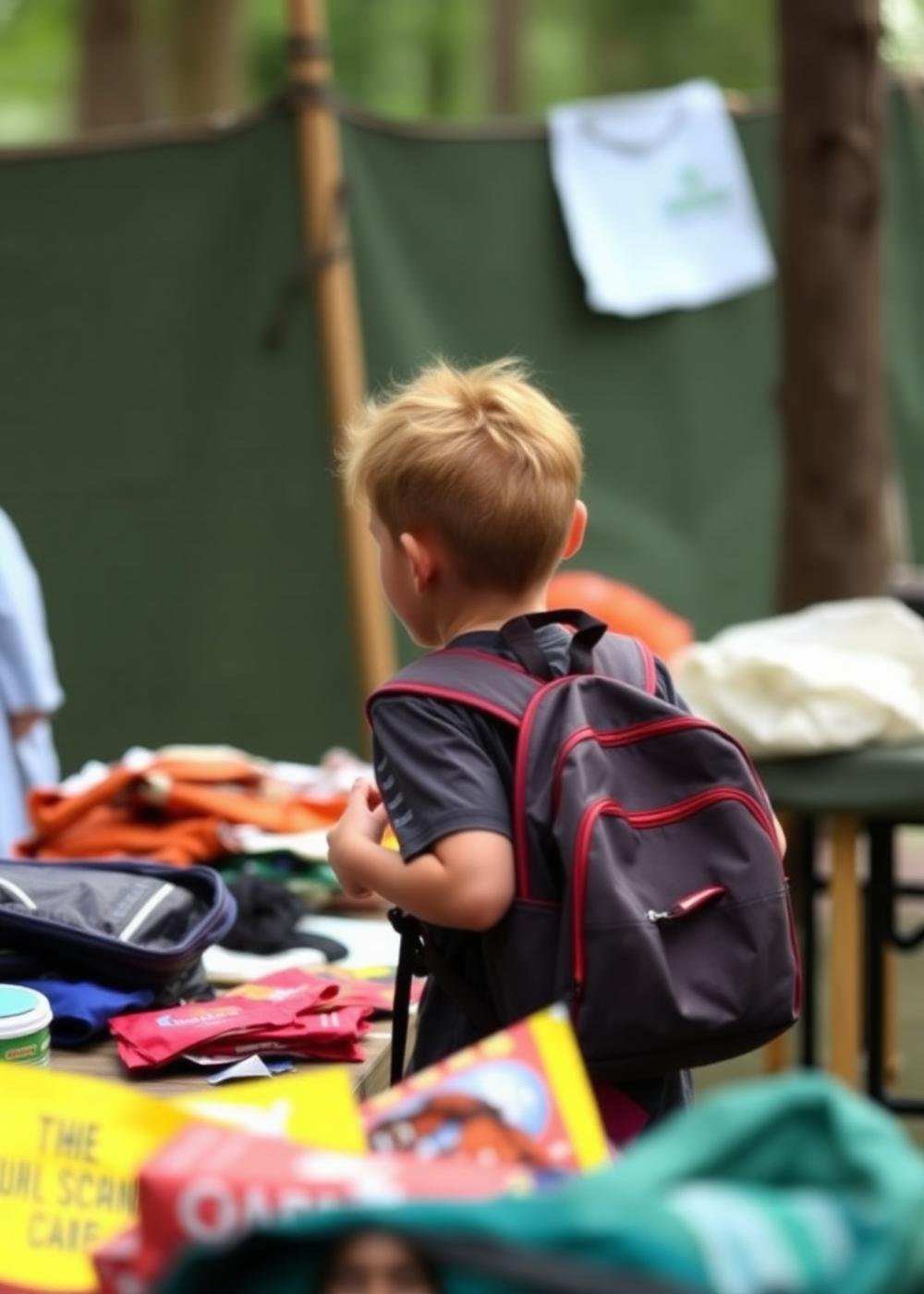A camper choosing a backpack from a table of supplies